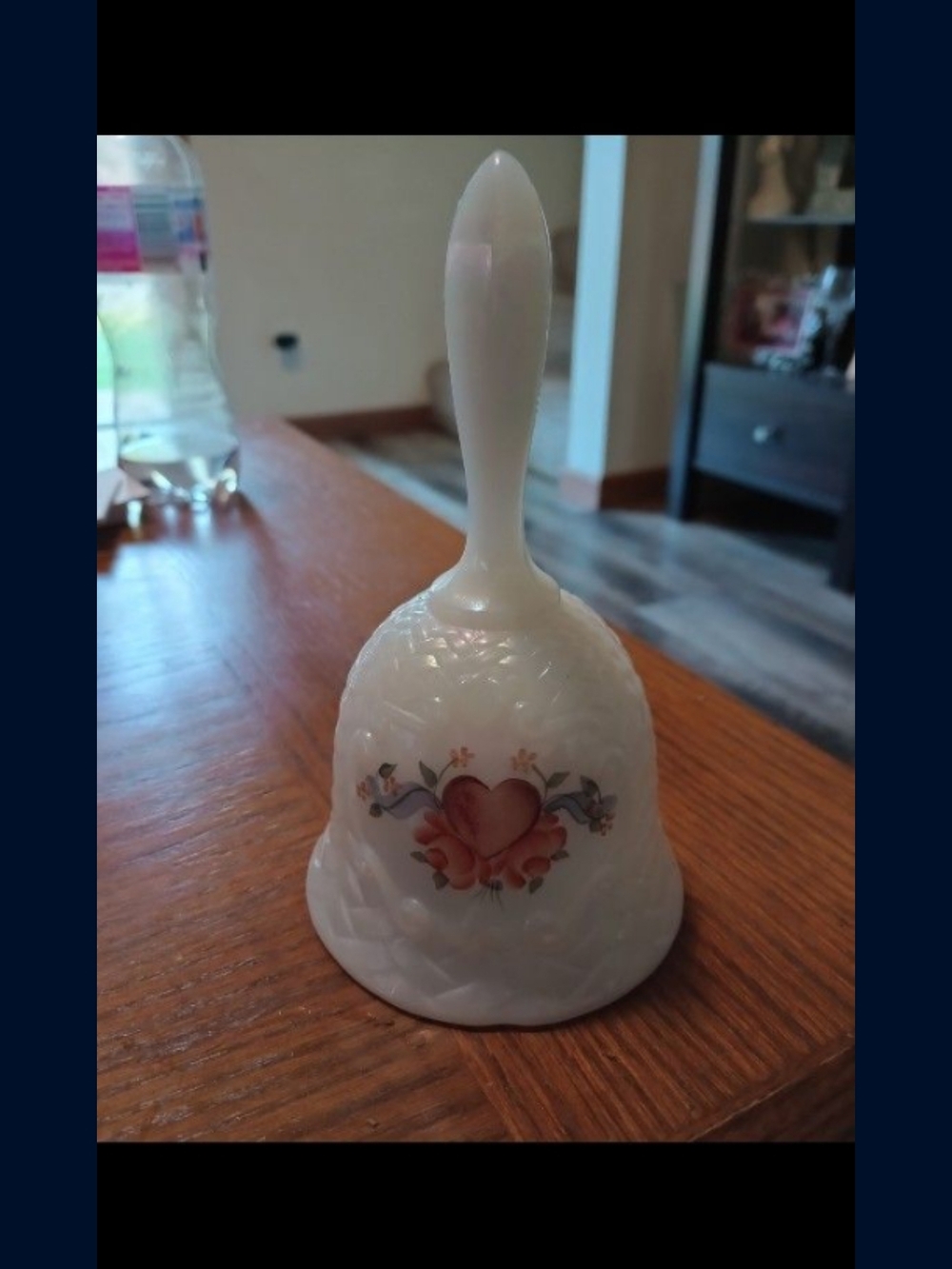 Hand painted Fenton Milk Glass Bell with Heart Floral Motif Signed By Painter